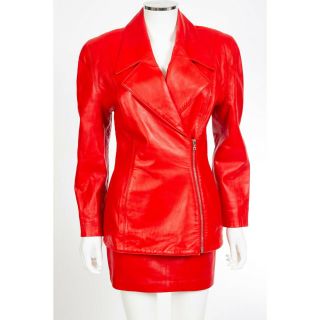 Michael Hoban North Beach Leather Red Moto Skirt Suit Jkt Sz 4 - 6
