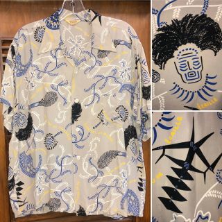 Vintage 1940’s “pilgrim” Atomic Tribal Print Rayon Hawaiian Shirt - - Ml