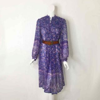 Rare Vintage 70s Boho Hippie Ritu Kumar Judith Ann Silk Block Print Dress M