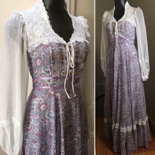Vtg Gunne Sax Dress Corset Floral Lavender Pink Flowers Prairie 70s Maxi Size 5