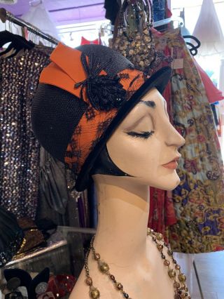 Vintage Schiaparelli Paris Black Straw Lace And Velvet Ribbon Beaded Hat
