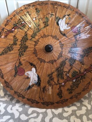 Vintage Parasol Chinese Hand Painted Oil Paper Bamboo Wood