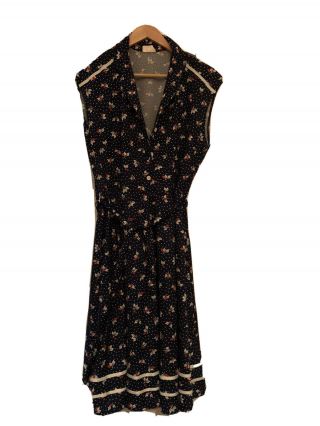 Vintage Floral/polka Dot Tea Dress (oberstoff),  Belted,  Blue,  White,  Red,  44,  14/16