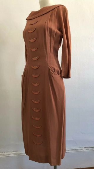 Vintage 1940s Dusty Rose Crepe Silk Dress Gown Rhinestone & Satin Crescents Vtg