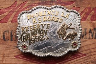 Vtg Frontier Sterling Silver Overlay Reserve Champion Cowboy Trophy Belt Buckle