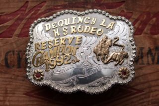 Vtg Frontier Sterling Silver Overlay Reserve Champion Cowboy Trophy Belt Buckle 2