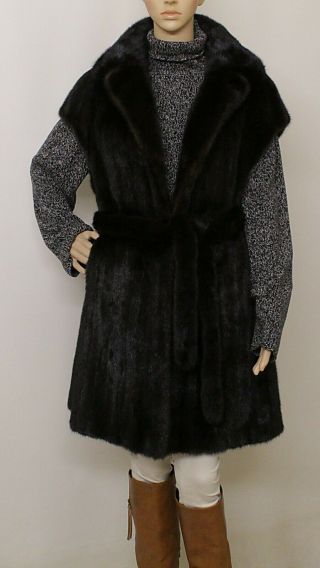 Real Mink Fur Saga Nearly Black Brown Gilet Jacket Coat Belt 8 - 10 - 12 - 14/ L