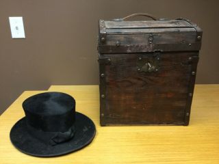 Antique Knox Black Silk Top Hat With Antique Wooden Carrying Box -