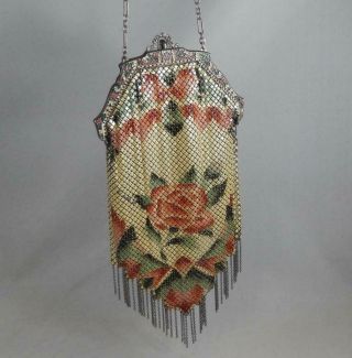 1920s Art Deco Mandalian Mfg Co Enameled Rose Flower Metal Mesh Purse Bag Bg433