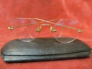 Antique 14k Br Gold Rimless Wire Eyeglasses In Case