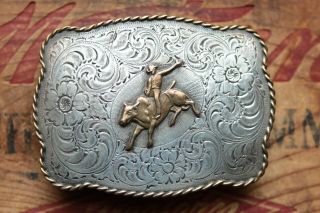 Vintage Esper Sterling Silver Hand Made Engraved Bull Rider Western Belt Buckle