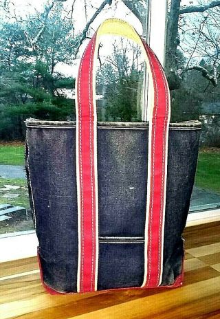 Rare Vintage Ll Bean Canvas Boat Tote Bag Freeport Maine Denim & Red