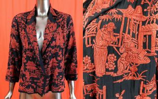 Vintage 1920s Black Silk Red Chinese Figural Embroidered Piano Shawl Jacket