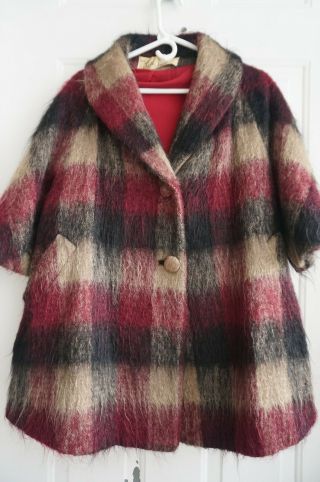 Lilli Ann Women Mohair Plaid Swing Coat 3/4 Sleeve Jacket Size L - Xl