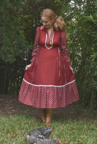 Rare Burgundy Calico Comfortable Fit Hippie Prairie Gunne Sax Dream Dress Sz 13