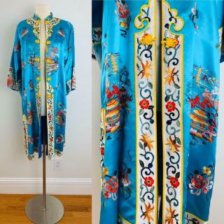 Vintage Chinese Turquoise Blue Silk Jacket Embroidered Flowers Chinoiserie S M