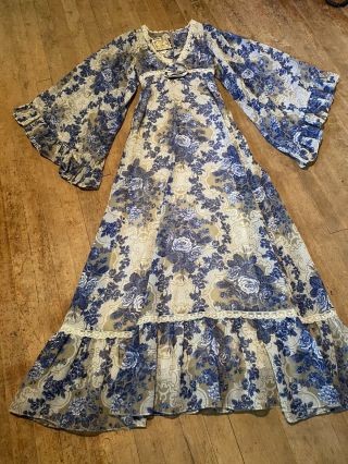 Vtg Gunne Sax Maxi Blue Floral Bell Sleeve Romantic Praire Boho Dress 70’s Xs S