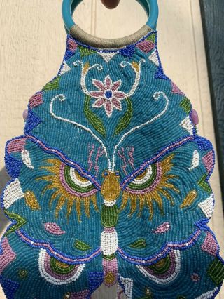 Vintage Art Deco Glass Beaded Hand Bag Purse Chinese Asian Dragon Moth Antique