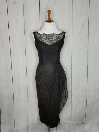 Ceil Chapman Rare Vintage Black Lace 1950s Cocktail Dress