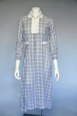 Antique Vtg 1900s Edwardian Black White Check Work Dress Buttons Belted Xs/s/m