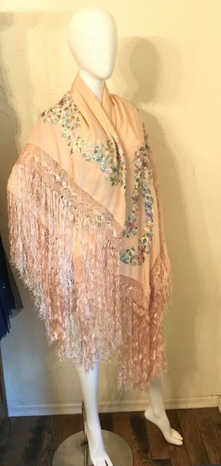 Vintage 1920’s Embroidered Pink Silk Fringed Piano Shawl Flapper Gatsby Downton