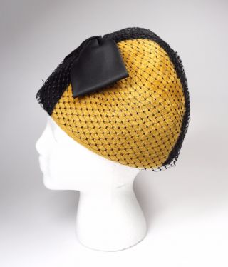 Vintage Schiaparelli Paris Fur Hat Ochre & Black Large Satin Bow Mesh Netting