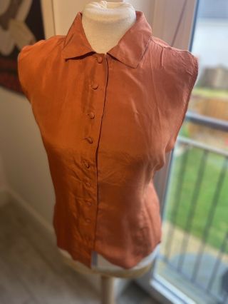 Vintage 80’s Rust Orange Silk Wave Sleeveless T Shirt Uk 8/10 Small
