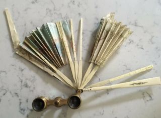 ANTIQUE FOLDING HAND FAN FRENCH MOTHER OF PEARL MOP OPERA GLASSES 6
