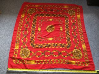 Vintage 100 Silk Scarf Fire Red With Gold Chain Design 85 Cm Approx.
