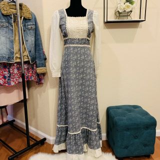 Vtg 70s Gunne Sax Maxi Floral Prairie Festival Lace Boho Dress Sm 1
