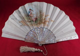 Victorian Antique Hand Painted Silk Jolivet Artist Signed Mother Of Pearl Fan