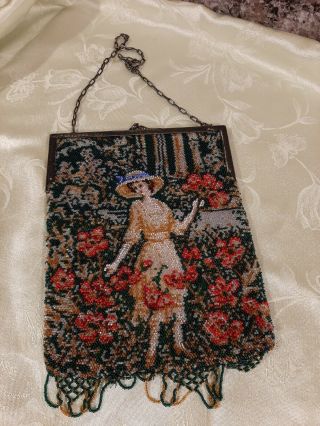 Large Antique Micro Beaded Purse Figural W/flowers