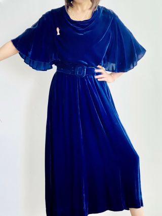 Vintage 1930s Royal Blue Velvet Dress Flared Sleeves Caplet With Belt