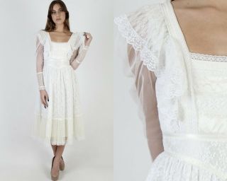Vtg 70s Gunne Sax Dress Sheer Ivory Floral Lace Romantic Victorian Wedding Mini