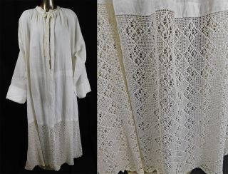 Antique White Linen Crochet Lace Alb Catholic Clergy Long Tunic Chemise Gown Vtg