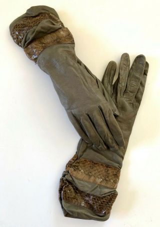 Vintage Couture Rare Carolina Amato Gray Kid Leather & Snakeskin Long Gloves