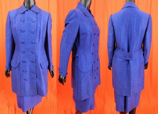 Vintage Lilli Ann Blue Woven Wool French Fabric Double Breasted Coat Suit Skirt