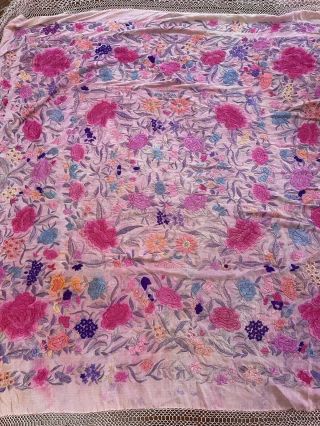 Vintage 1920s Antique Pink Floral Embroidered Piano Shawl