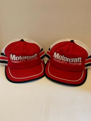 2 Vintage Motorcraft Quality Parts White Mesh 3 Stripe Trucker Hats Made In Usa