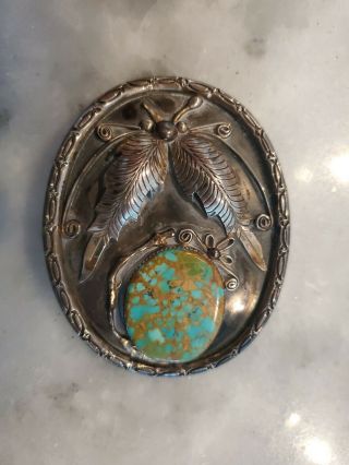 Vintage - Jf 1911 - Sterling Silver And Turquoise Western Styled Belt Buckle - Rare