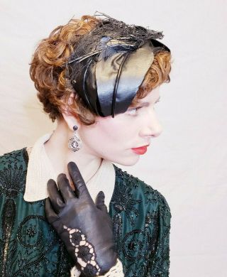 1950s Bes - Ben Black Leather Headband Cocktail Hat Veil Netting Avant Garde Ooak