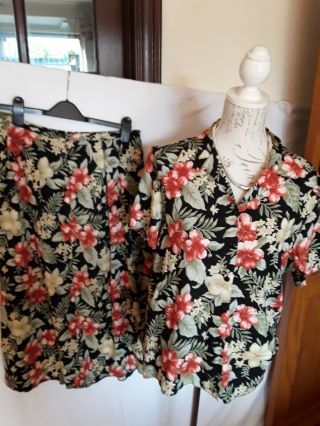 Ladies Berkertex Vintage Black Floral Skirt Blouse Suit Size 12