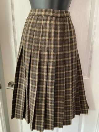 Dunedin Vintage Made In Scotland Pure Wool Brown Beige Tartan Pleated Skirt 16