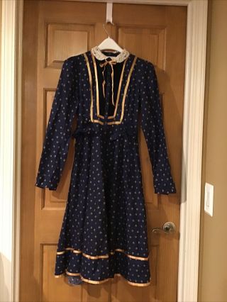 Vintage Gunne Sax Cotton Long Sleeved Prairie,  Boho Dress,  Size 9,  Navy