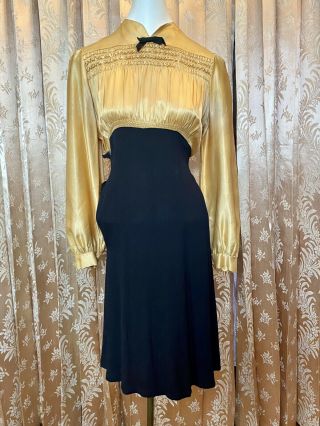 Vintage 1930s 1940s Wwii Crepe & Satin Black & Gold Dress 30s 40s Rare As - Is S/m