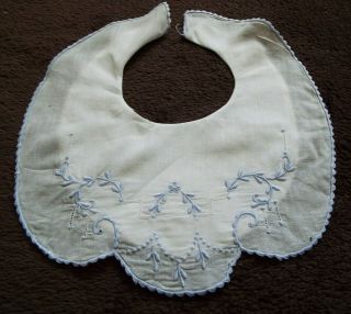 Adorable Vintage/antique Baby Bib Embroidered With Blue Detail