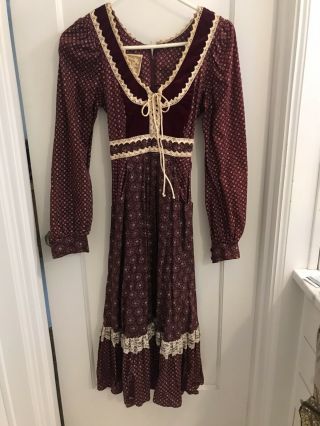 Gunne Sax Vintage Dress Prairie Hippie Collectible Burgundy Lace Up Front Size 9