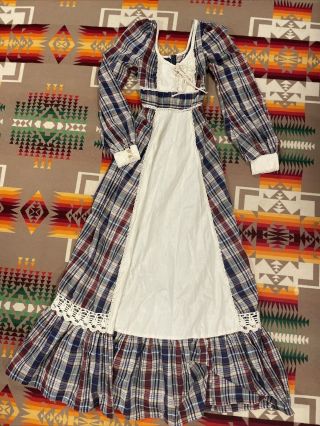Vtg Gunne Sax Dress Plaid Corset 70s Prairie Lace Flower Midi Holiday Size 5