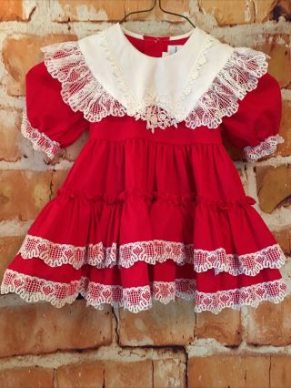 Vintage Lilo California Toddler Girl Red Full Ruffle Dress Floral Lace Usa 2t/xl