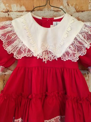 Vintage Lilo California Toddler Girl Red Full Ruffle Dress Floral Lace USA 2T/XL 2
